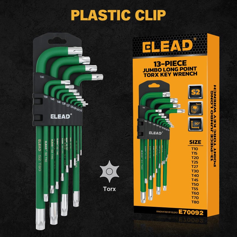 ELEAD Jumbo Torx Key Wrench Set | 13-Piece Durable S2 Star Keys | L-Shaped Long Arm Design | Sizes T10 to T80 | Automotive | Mechanic | Furniture | Professional Grade Tools - Image 2